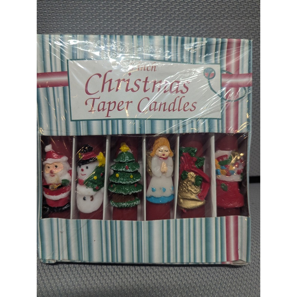 Vintage Christmas Taper Candles Set of 6 Red Wax Santa Snowman Tree Angel 6 inch